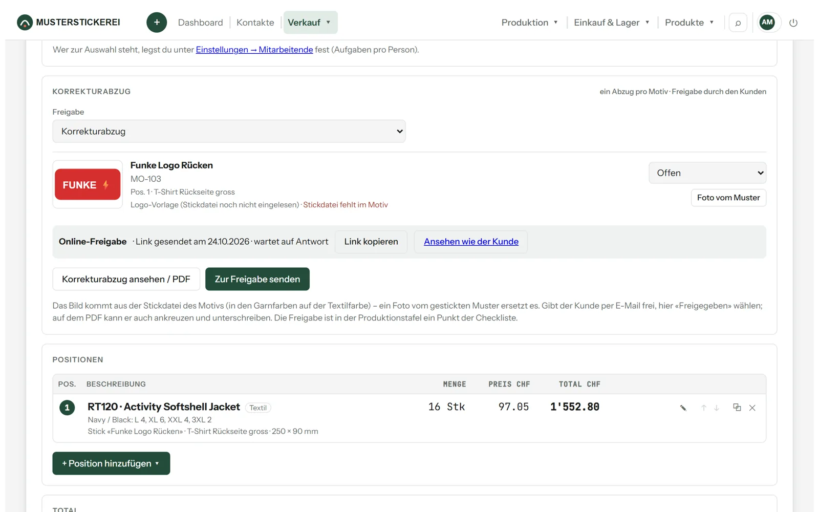 Auftrag mit Korrekturabzug-Bereich: Status pro Motiv und Online-Freigabe