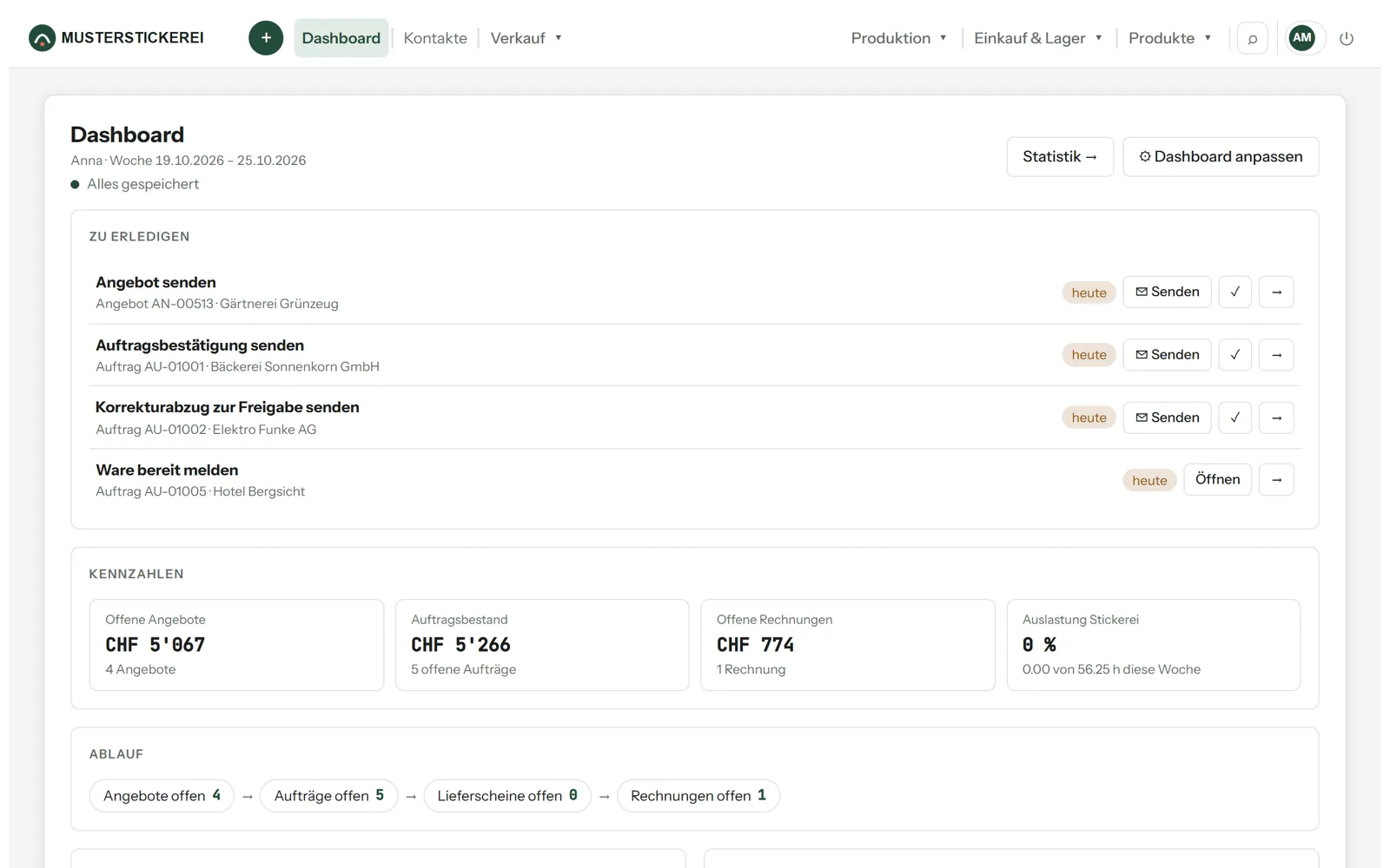 Veredelo: Dashboard mit Aufgaben und offenen Aufträgen