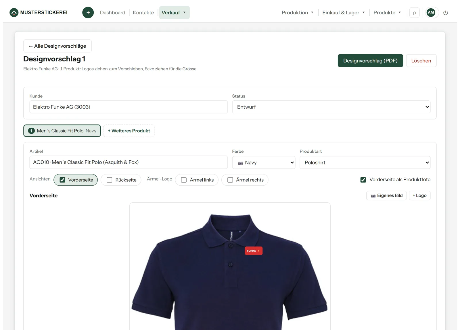 Veredelo: Designvorschlag mit Logo auf einem Poloshirt in Navy