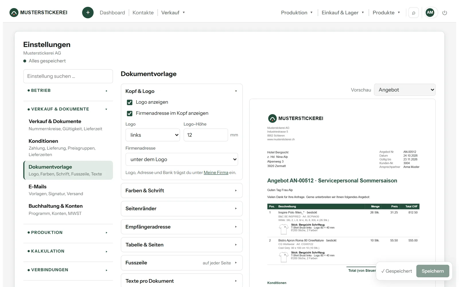 Veredelo: Dokumentvorlage mit Logo, Farben und Live-Vorschau des Angebots