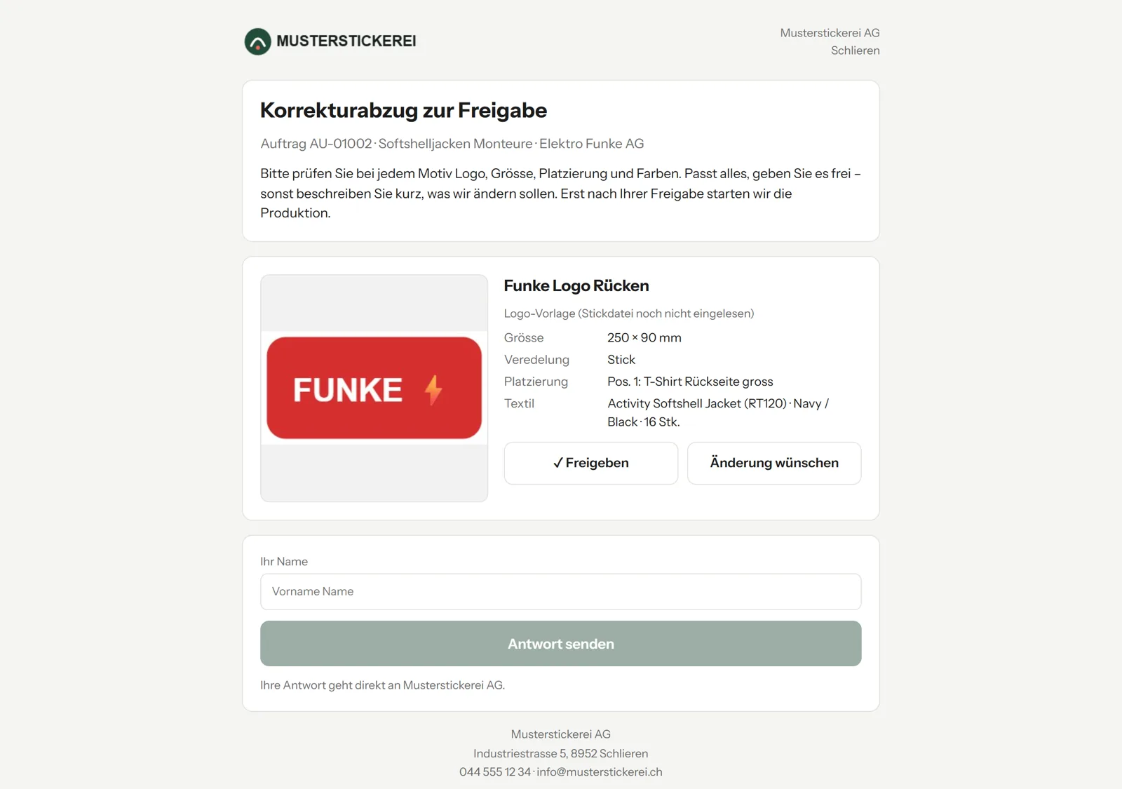 Freigabe-Seite für den Kunden: Korrekturabzug mit den Knöpfen Freigeben und Änderung wünschen