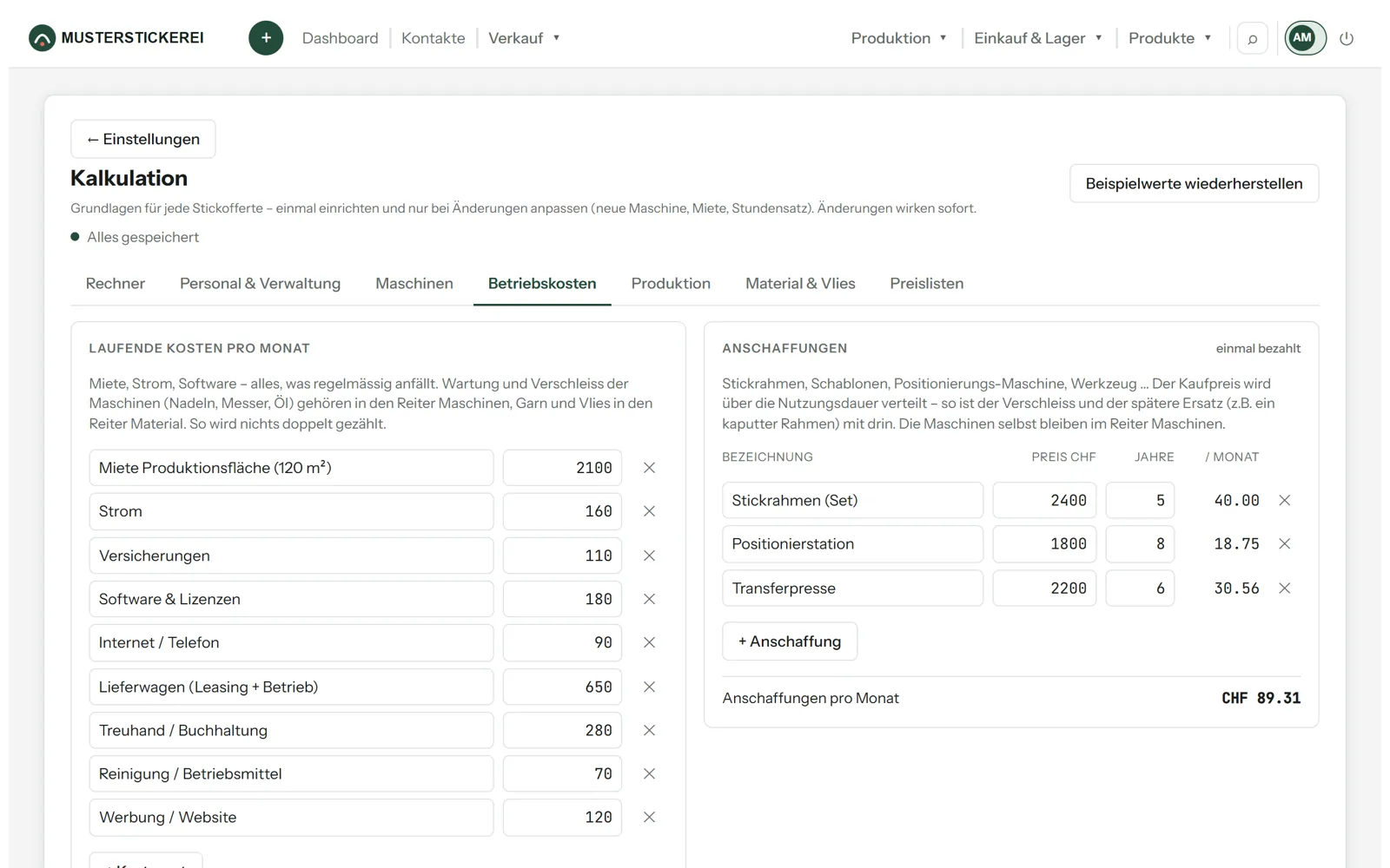 Kalkulation: Betriebskosten pro Monat und Anschaffungen