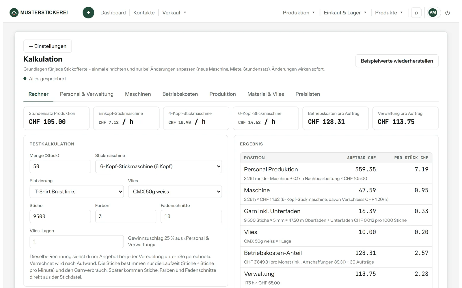 Veredelo: Kalkulation eines Stickauftrags mit Selbstkosten und Verkaufspreis pro Stück