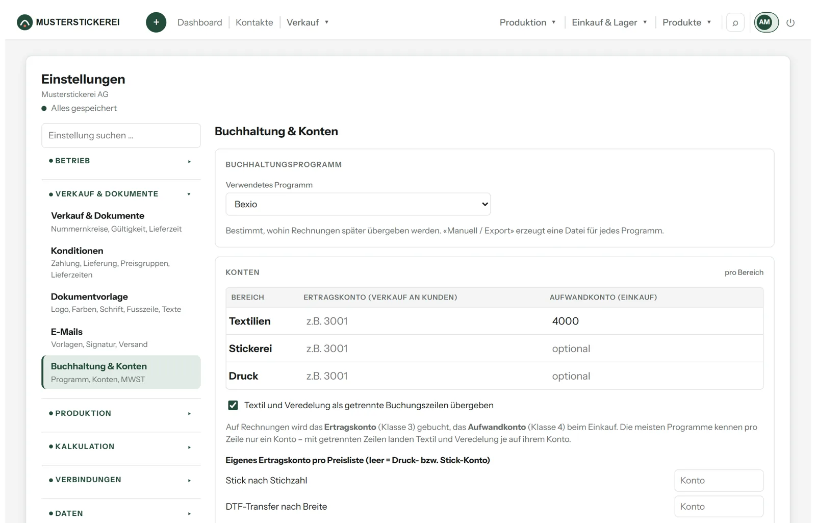 Einstellungen: Buchhaltung & Konten mit wählbarem Programm und Konten pro Bereich