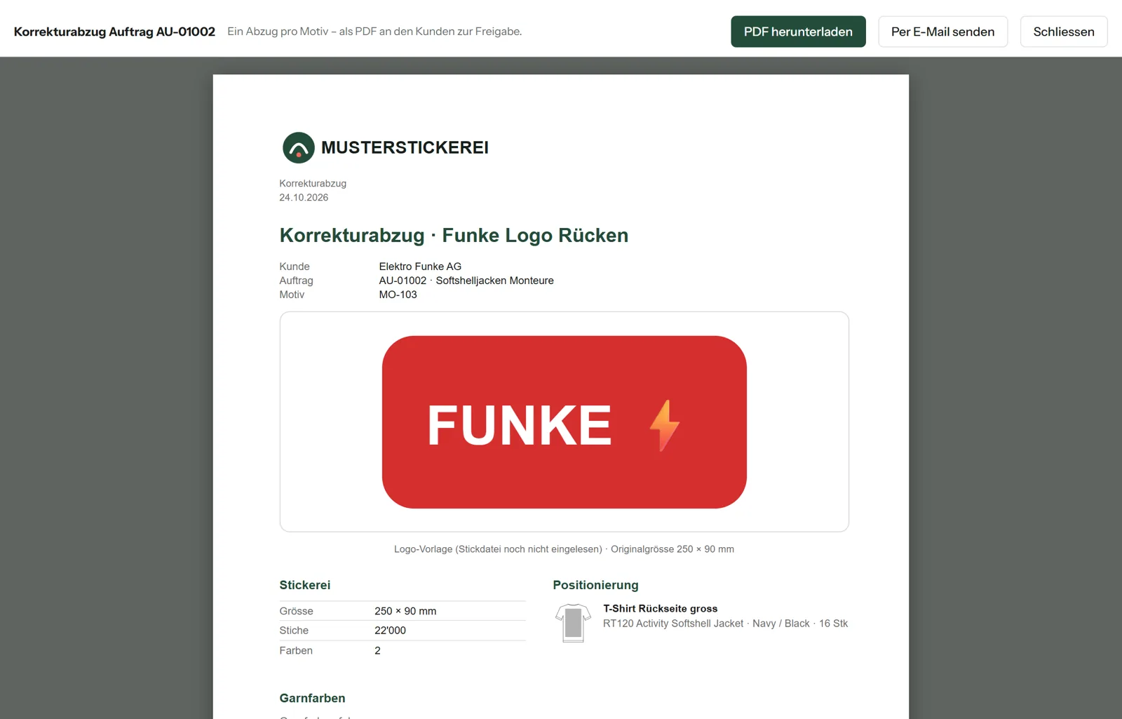 Korrekturabzug als PDF mit Motiv, Stickerei-Angaben, Positionierung und Freigabe-Feld