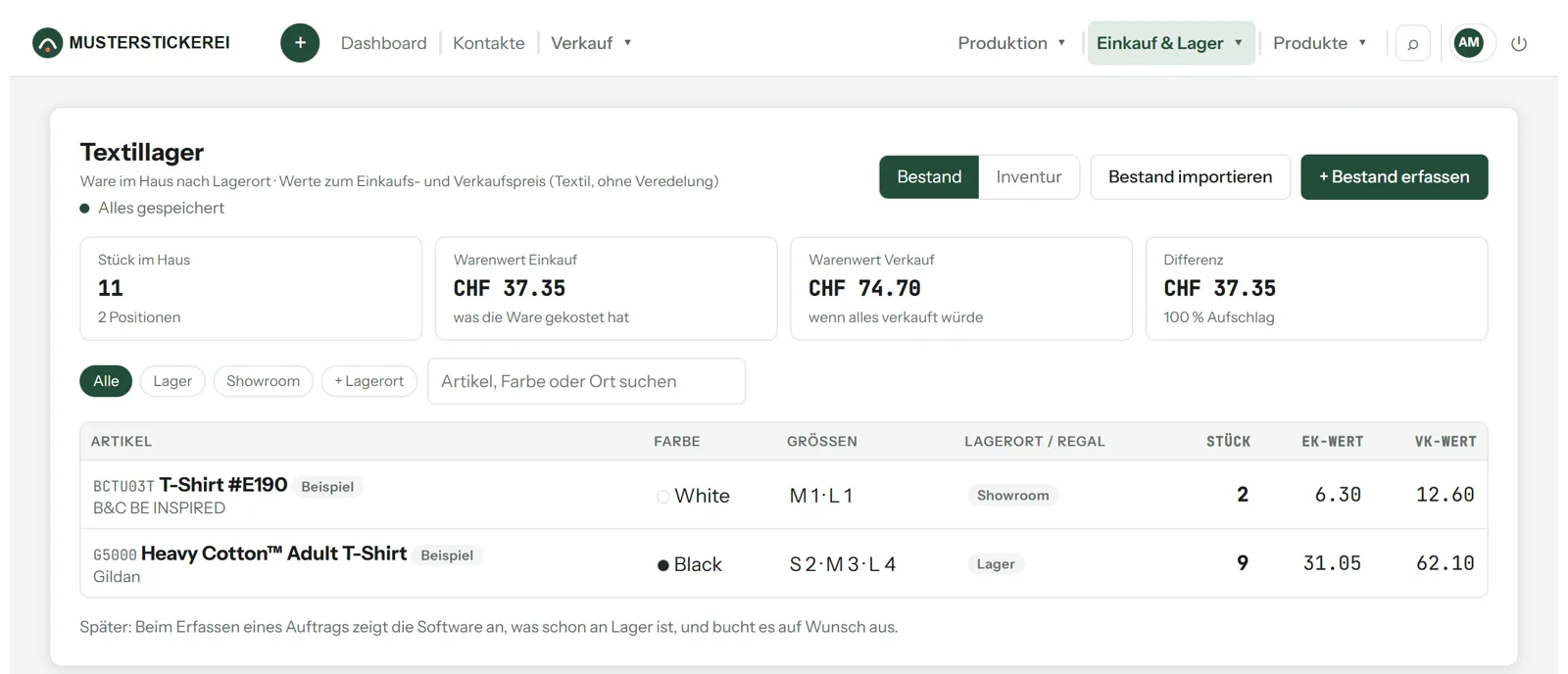 Textillager mit Stück im Haus, Warenwert und Lagerorten