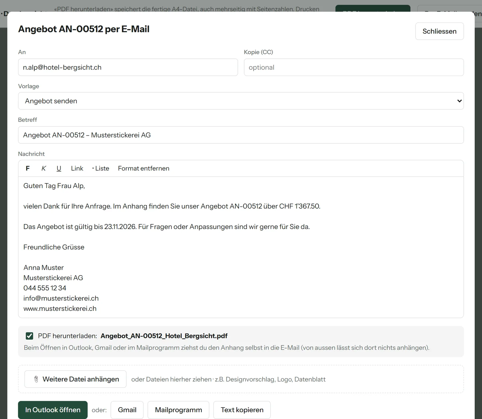 Mail-Fenster mit Vorlage «Angebot senden», ausgefülltem Text, Signatur und PDF