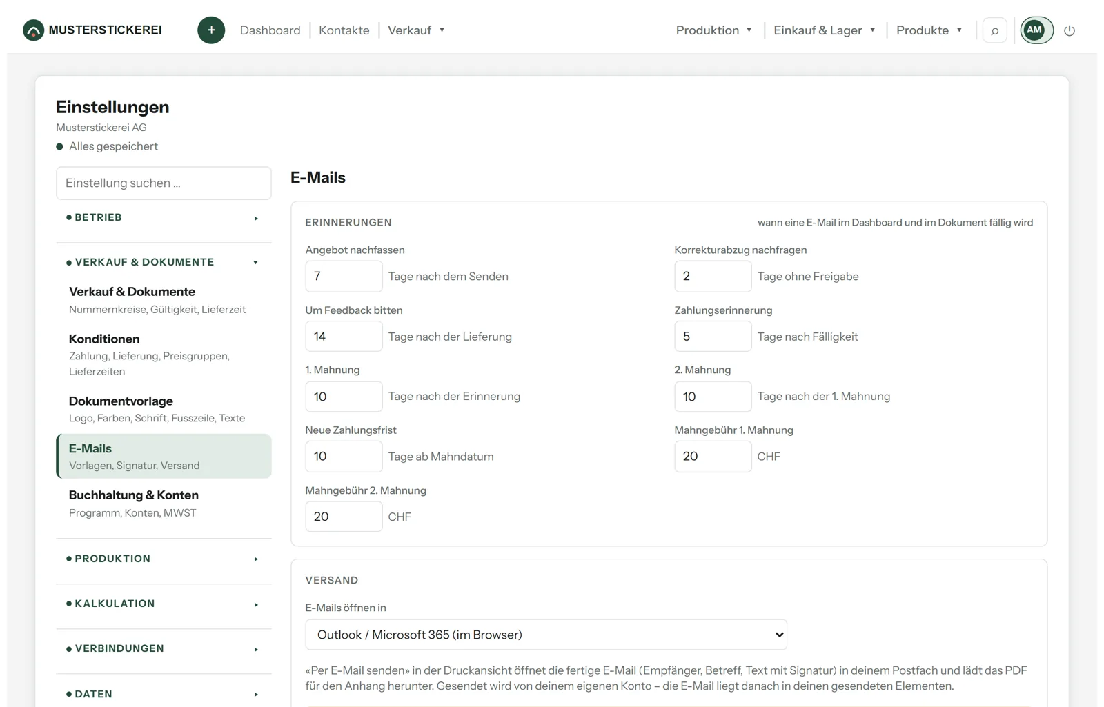 Einstellungen E-Mails: Erinnerungen mit Fristen und Versand