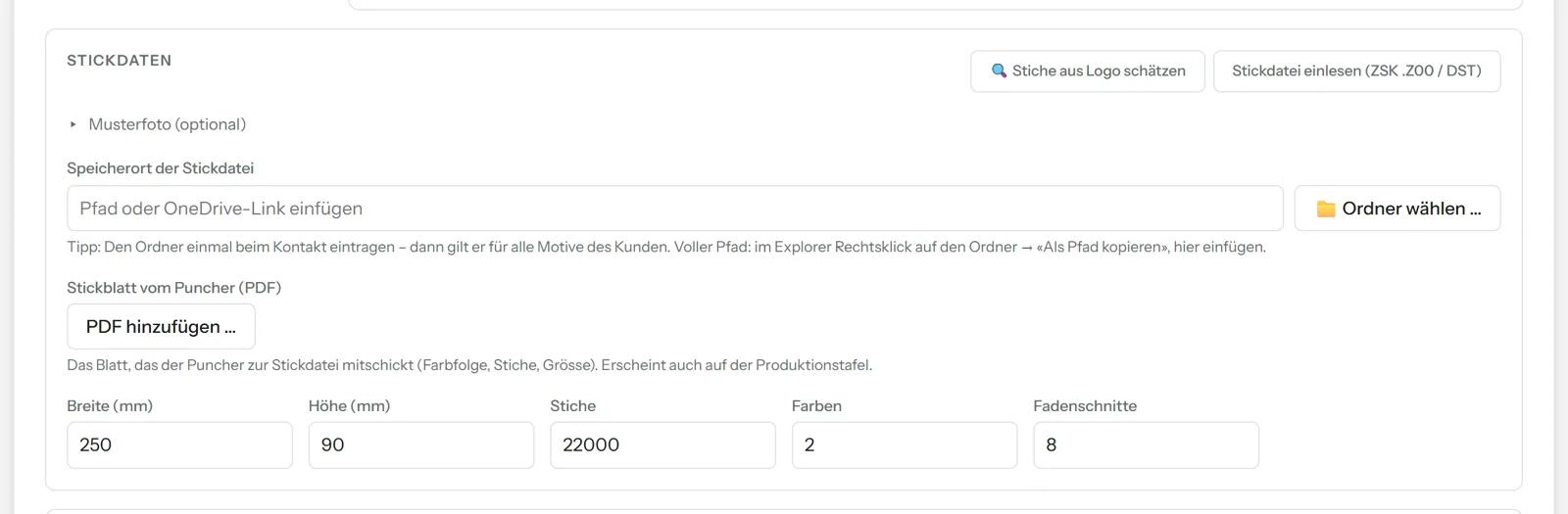Motiv mit Stickdaten: Knöpfe «Stiche aus Logo schätzen» und «Stickdatei einlesen»