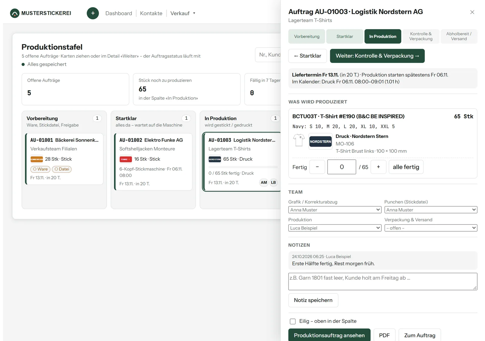 Geöffnete Auftragskarte mit Stufen, Fertig-Zähler, Team und Notizen