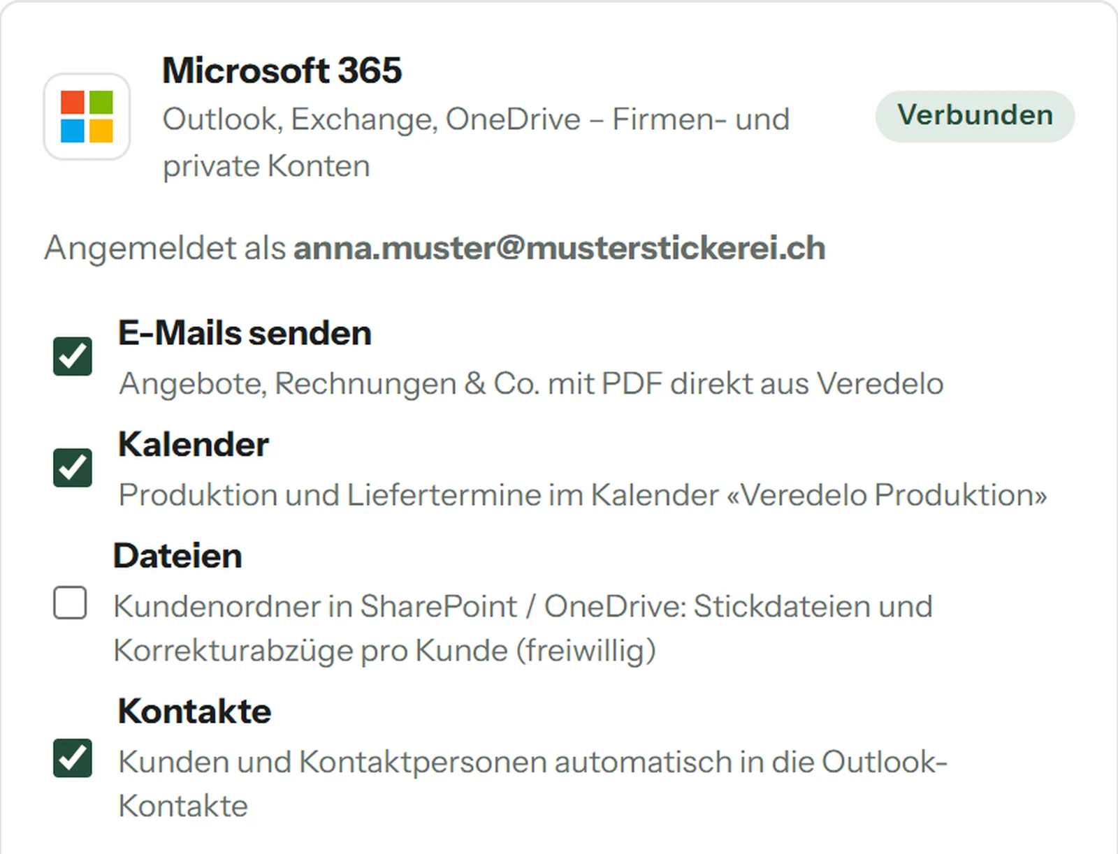 Einstellungen Verbindungen: Microsoft 365 verbunden mit E-Mails senden, Kalender, Dateien und Kontakte