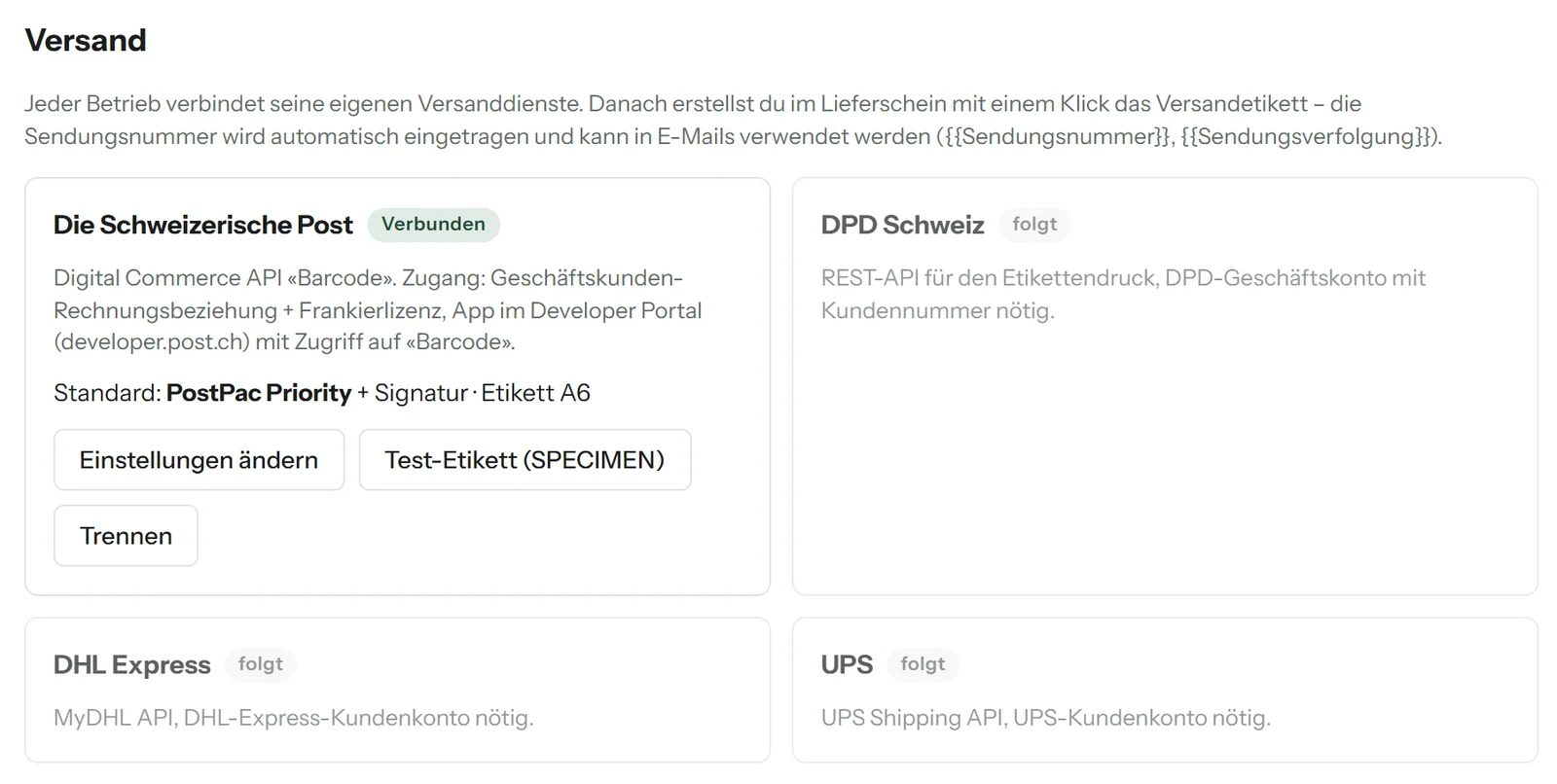 Einstellungen Versand: Die Schweizerische Post verbunden, DPD, DHL Express und UPS folgen