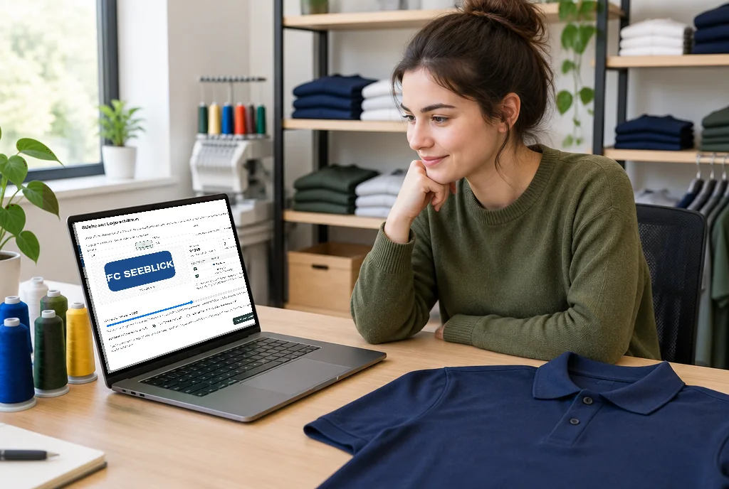 Mitarbeiterin schätzt im Büro die Stiche eines Kundenlogos, daneben ein Poloshirt und Garn