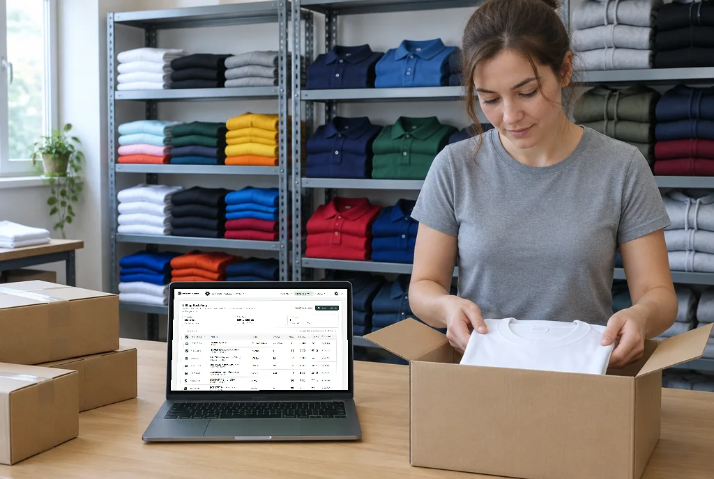 Mitarbeiterin packt Ware aus, daneben die L-Shop-Bestellung auf dem Laptop