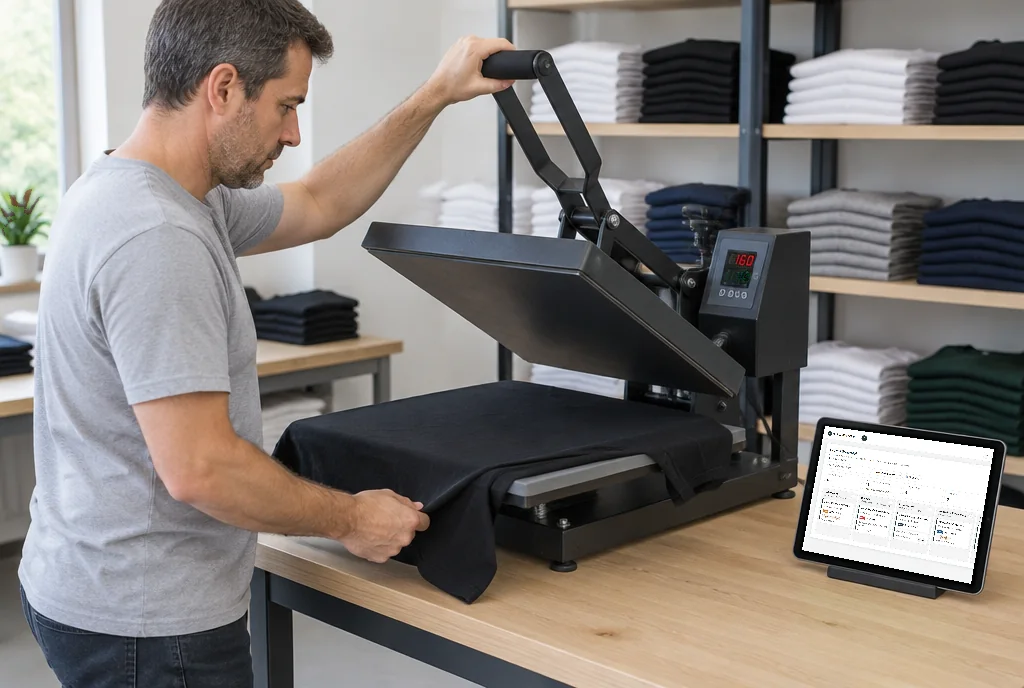 Mitarbeiter an der Transferpresse, daneben die Produktionstafel auf dem Tablet