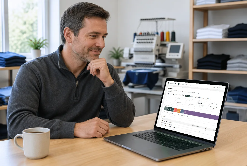 Inhaber eines Veredelungsbetriebs schaut sich die Statistik in Veredelo auf dem Laptop an