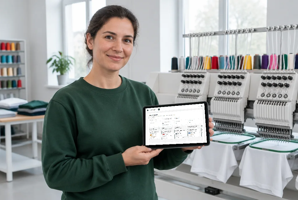 Mitarbeiterin zeigt die Produktionstafel auf dem Tablet neben der Mehrkopf-Stickmaschine