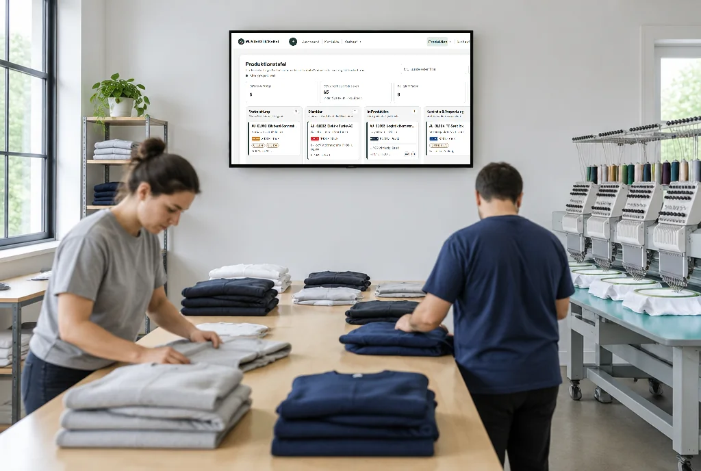 Produktionstafel auf einem grossen Bildschirm an der Wand über dem Packtisch