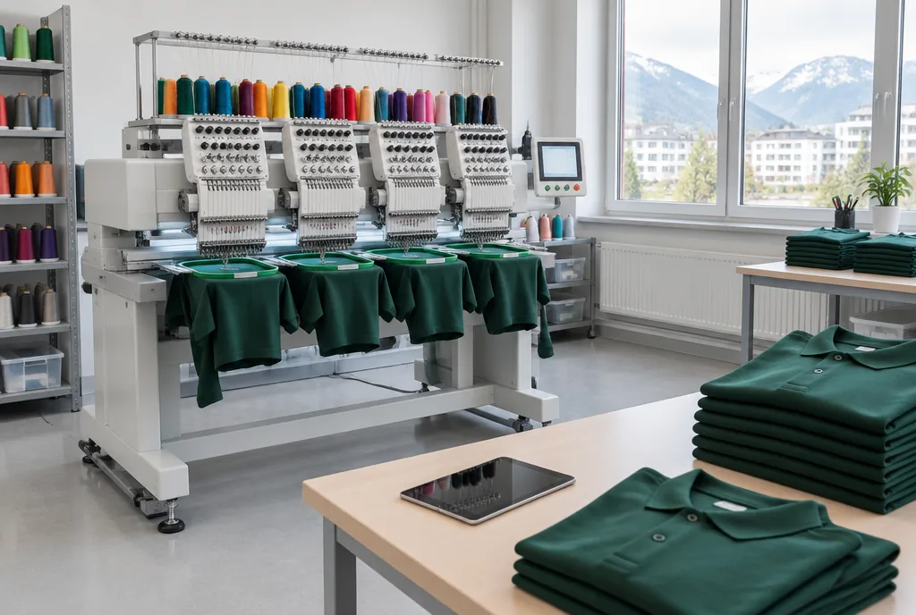 Produktionsfläche mit Mehrkopf-Stickmaschine und fertigen Poloshirts
