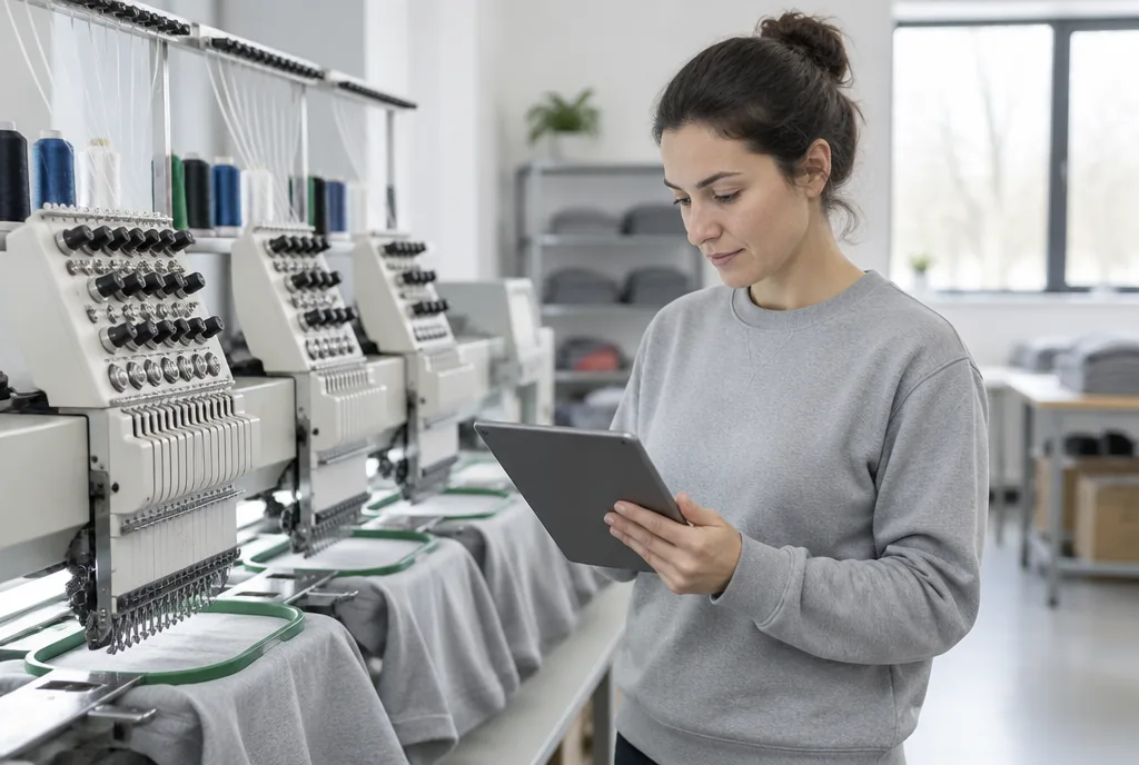 Mitarbeiterin prüft die Produktionstafel auf dem Tablet neben der Stickmaschine